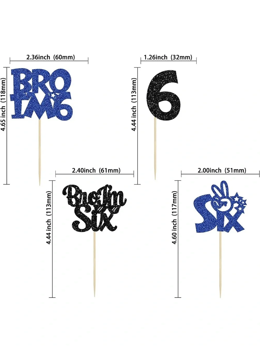 Glitter Number Six Cupcake Toppers - Blue & Black Party Picks